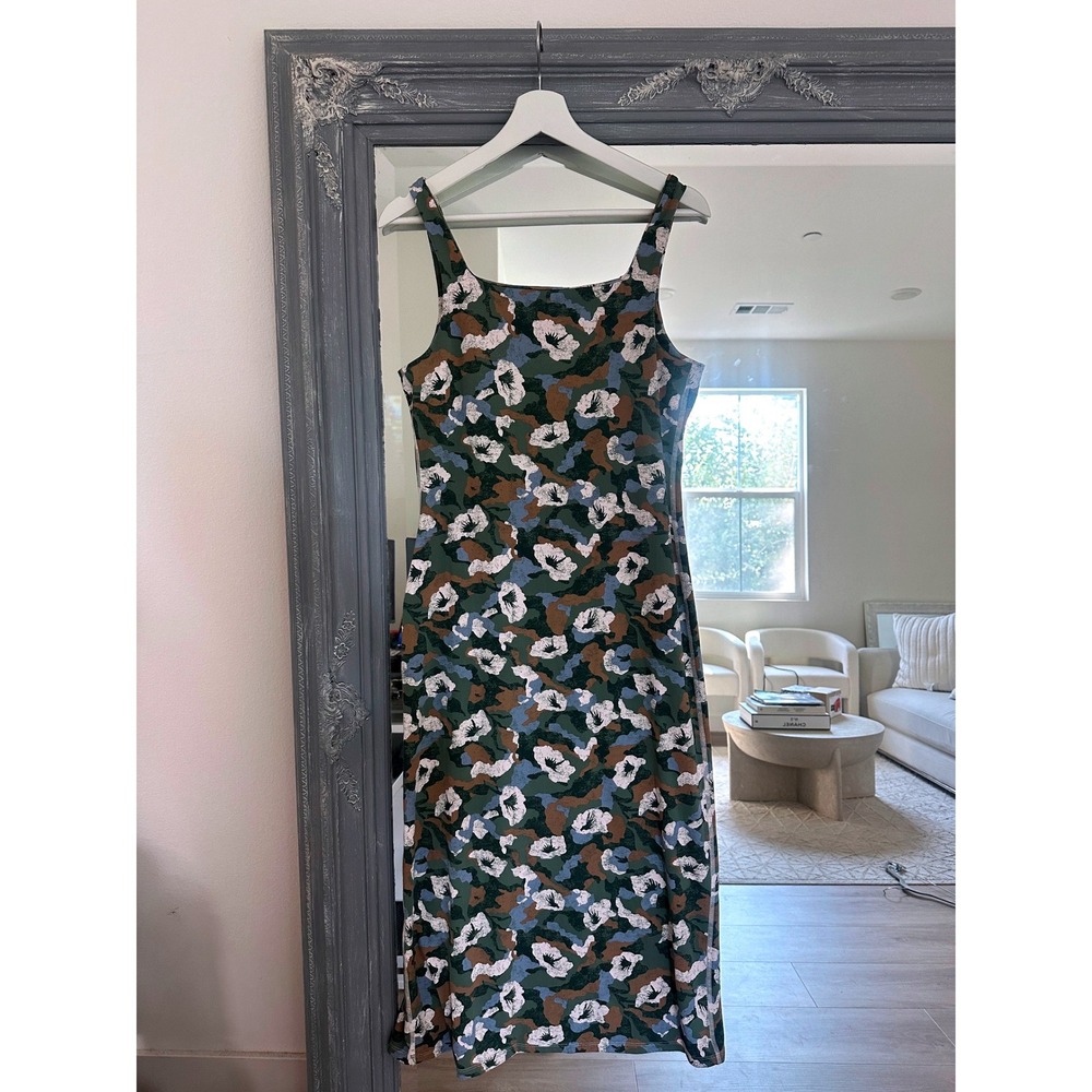 Daily Practice Anthropologie Green Blue Square Neck Floral Camo Midi Dress L - Picture 8 of 11